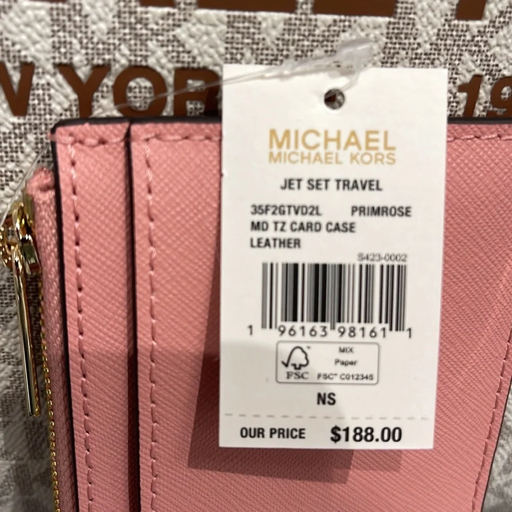 MICHAEL KORS Jet Set Travel Medium Top Zip Leather Card Case Wallet Primrose NWT
